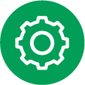 Gear icon with a green background and white outline